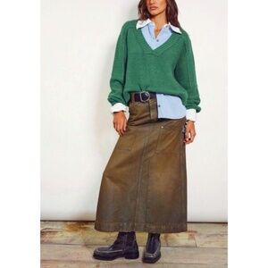 NWOT Free People Harmonica Denim Maxi Skirt, Size 30, Olive